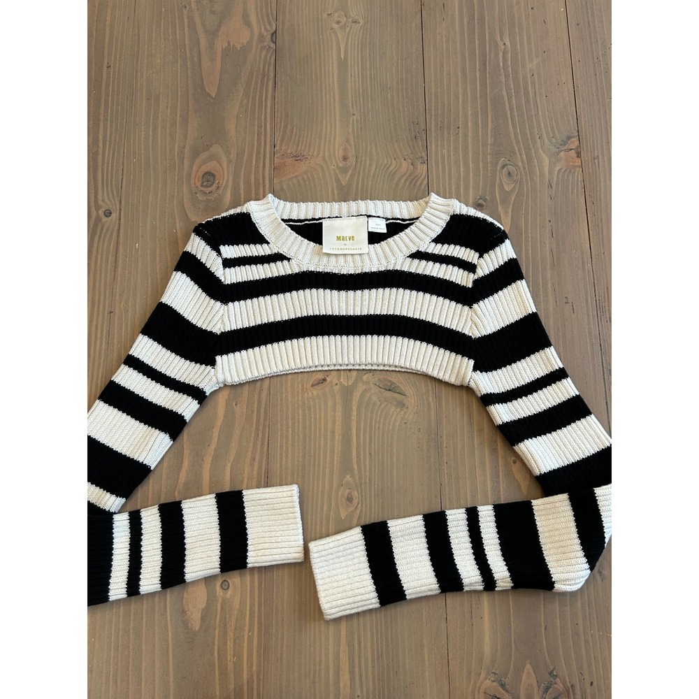 G23 Maeve Anthropologie Sweater Small Black White Striped Ribbed Ultra Crop